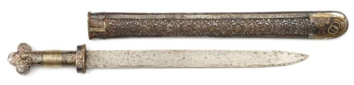 A large Chinese silver mounted dagger. 20th century, broad straight SE blade 43cms, trilobate
