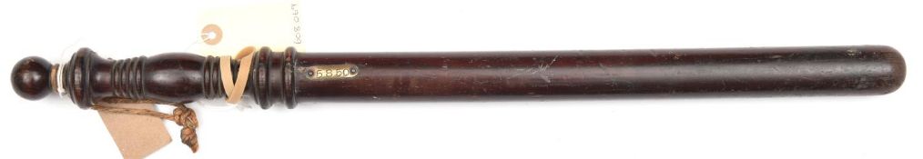 A Patterson, New Jersey, USA, patrolman's darkwood day stick (truncheon) c 1905, with nicely turned,
