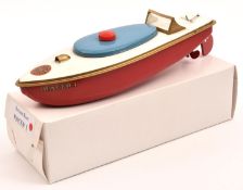 A very late issue Sutcliffe tinplate clockwork RACER 1 speed boat. In white and red livery, with