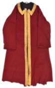 A crimson cloak of the Royal Horse Guards (The Blues), of ankle length, with sleeves, broad gilt
