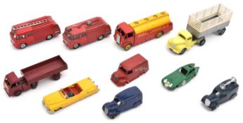 10 Dinky Toys. 2x Bedford Miles Fire Engine (259). AEC Monarch Thompson Tanker (166). Commer