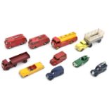 10 Dinky Toys. 2x Bedford Miles Fire Engine (259). AEC Monarch Thompson Tanker (166). Commer