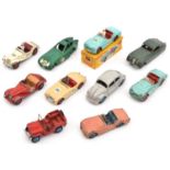 10 Dinky Toys. Austin Healey 100, 3x Triumph TR2, one with damaged box. Jeep, in red. Jaguar