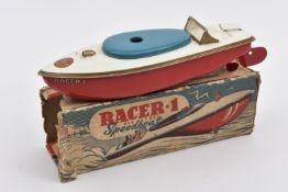 A very early issue Sutcliffe tinplate clockwork RACER 1 speed boat. In white and red livery, with