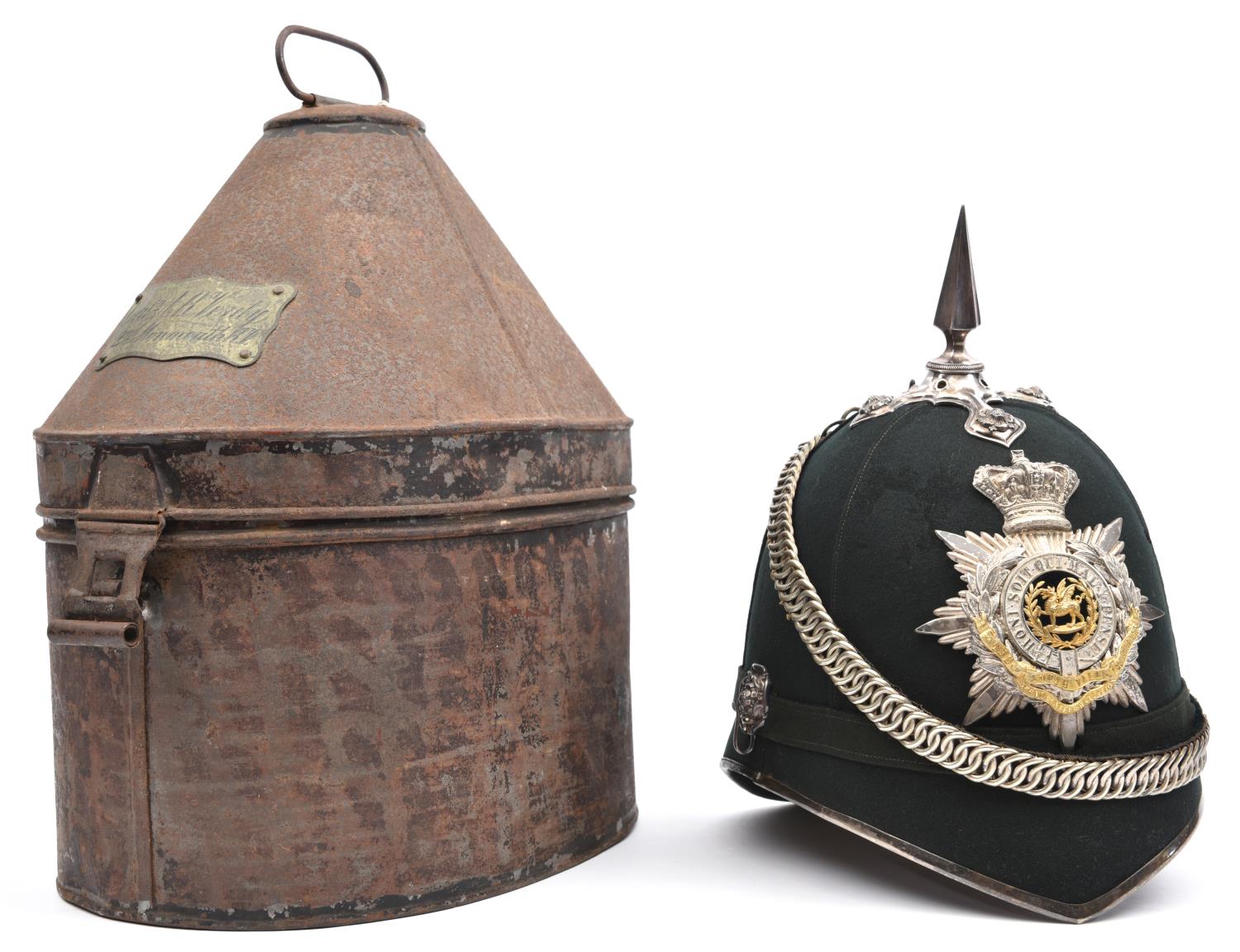 A Victorian officer's blue cloth spiked helmet of the 3rd Volunteer Battalion The South Wales