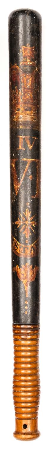 A William IV black painted truncheon, bearing gilt large crown, IV. W.R, and scroll "Constable" with