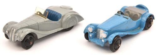 2 Dinky Toys 38 Series Cars. Frazer Nash-BMW Sports (38a) in mid grey with blue seats, black