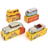 4 Dinky Toys. Bentley Coupe (194) in light grey with maroon interior. Rolls Royce Phantom V (198) in