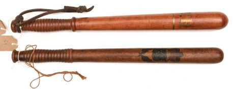 A Vic light brown wood truncheon, gilt painted VR, F/561 stamped above swollen ribbed grip,