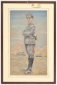 A full length pastel drawing of Erwin Rommel, in uniform with tanks in the background amid desert