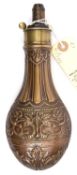 An embossed copper gun size powder flask 'fluted', (Riling figure 253), by Hawksley, the charger