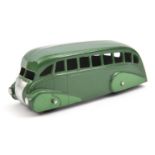 Dinky Toys Streamlined Bus (29b). In dark green with mid green side panels, black ridged wheels with