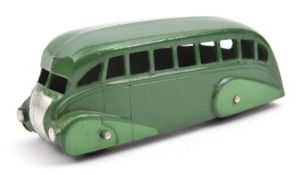 Dinky Toys Streamlined Bus (29b). In dark green with mid green side panels, black ridged wheels with