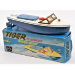 A Sutcliffe tinplate Tiger clockwork Speed Boat. In white and light blue livery, with propeller