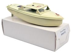 A late issue Sutcliffe tinplate clockwork SPRITE speed boat. In cream and livery, with propeller and