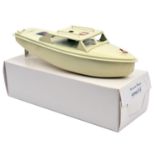 A late issue Sutcliffe tinplate clockwork SPRITE speed boat. In cream and livery, with propeller and