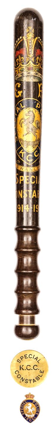 A lignum vitae presentation truncheon for WWI Service in Kent (Swanley) Special Police, polychrome