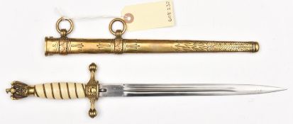 A Third Reich naval officer's dagger, with plain unmarked blade, in its sheath. GC (lightly