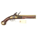 A late 18th century 18 bore brass barrelled flintlock holster pistol, 14" overall, barrel 8" with