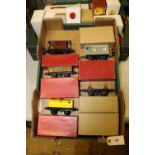 8 Hornby O gauge freight wagons. G.W. Goods Brake Van, Lumber Wagon, Wagon with Sheet Rail, Tank