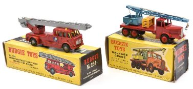 2 Budgie Toys. Thornycroft Salvage Crane (214) in red, with blue crane and yellow crane engine.