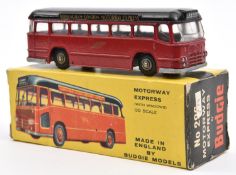 A Budgie Toys Motorway Express (296). In red with black roof, example with 'Birmingham-London
