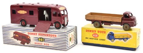 2 Dinky Toys. Big Bedford Lorry (408), in maroon with fawn body and wheels. Plus a Horse Box (