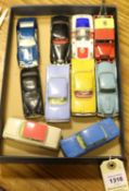 10 Corgi Toys. Riley Pathfinder Police, Ford Consul Classic, 2x Chevrolet Impala, one a Taxi.