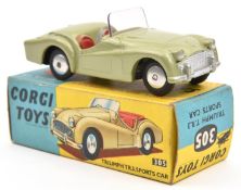 Corgi Toys Triumph TR3 (305). In metallic green with red seats. Boxed, very minor wear. Vehicle