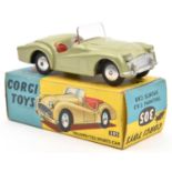 Corgi Toys Triumph TR3 (305). In metallic green with red seats. Boxed, very minor wear. Vehicle