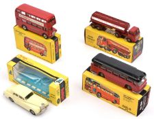 4 Budgie Toys. Leyland ESSO Tanker (270) in red livery. Routemaster Bus (236) in L.T. red with