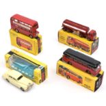 4 Budgie Toys. Leyland ESSO Tanker (270) in red livery. Routemaster Bus (236) in L.T. red with