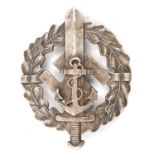 A scarce Third Reich SA Marine Sports badge in silver, as for the military issue but with anchor