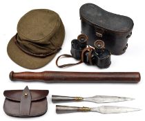 A khaki "Cap, Peaked, Winter" d 1956; a small brown leather waist pouch; a WWI binocular, with broad