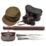 A khaki "Cap, Peaked, Winter" d 1956; a small brown leather waist pouch; a WWI binocular, with broad