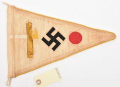 A Third Reich tripartite pact triangular pennant, 12" x 8", embroidered with fasces, swastika and