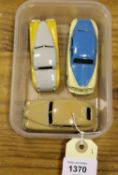 3 Dinky Cars. Rover 75 (156) in mid blue and cream with cream wheels. Jaguar XK120 (157) in light