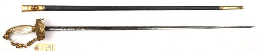 A late 19th century French Diplomat's courtsword, slender, fullered plated blade 30", etched on both