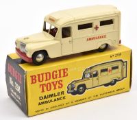 Budgie Toys Daimler Ambulance (258). An example in cream and red livery, with AMBULANCE to sides and