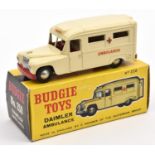 Budgie Toys Daimler Ambulance (258). An example in cream and red livery, with AMBULANCE to sides and