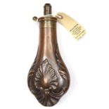 A copper powder flask "Shell" (Riling 369 without rings), patent brass top marked "G & J W Hawksley,