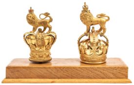 2 gilt Royal Crest standard tops, Victorian and post 1902, gilt brass crowns surmounted by crowned