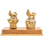 2 gilt Royal Crest standard tops, Victorian and post 1902, gilt brass crowns surmounted by crowned
