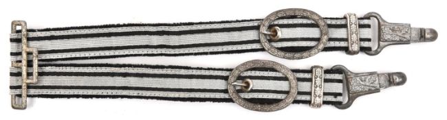A pair of hanging straps for Third Reich Bahnschutz dagger, the mounts of plated grey metal, the