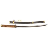 A Japanese sword, katana, blade 24", the hilt with plain brass fuchi and kashira, the menuki in