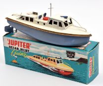 A Sutcliffe clockwork tinplate JUPITER Ocean Pilot boat. In white and light blue with gold line