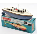A Sutcliffe clockwork tinplate JUPITER Ocean Pilot boat. In white and light blue with gold line