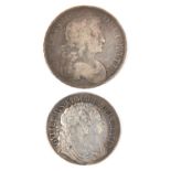 Charles II AR crown 1677, Fair/NF; William and Mary AR halfcrown 1689, second shield, no pearls, GVF