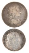 Charles II AR crown 1677, Fair/NF; William and Mary AR halfcrown 1689, second shield, no pearls, GVF