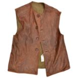 A WWII "Jerkin, Leather, Coat" of tan leather, khaki cloth lining, 4 buttons to front, factory label